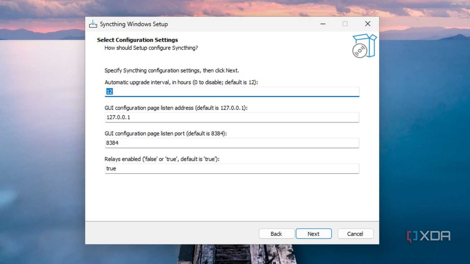 Selecting the configuration settings in Syncthing