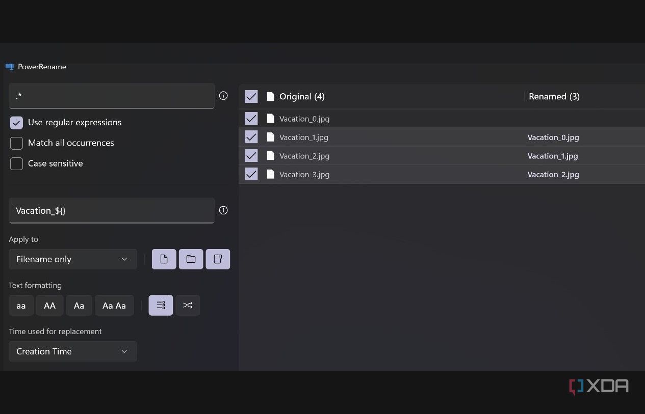 Power Rename batch renaming interface preview