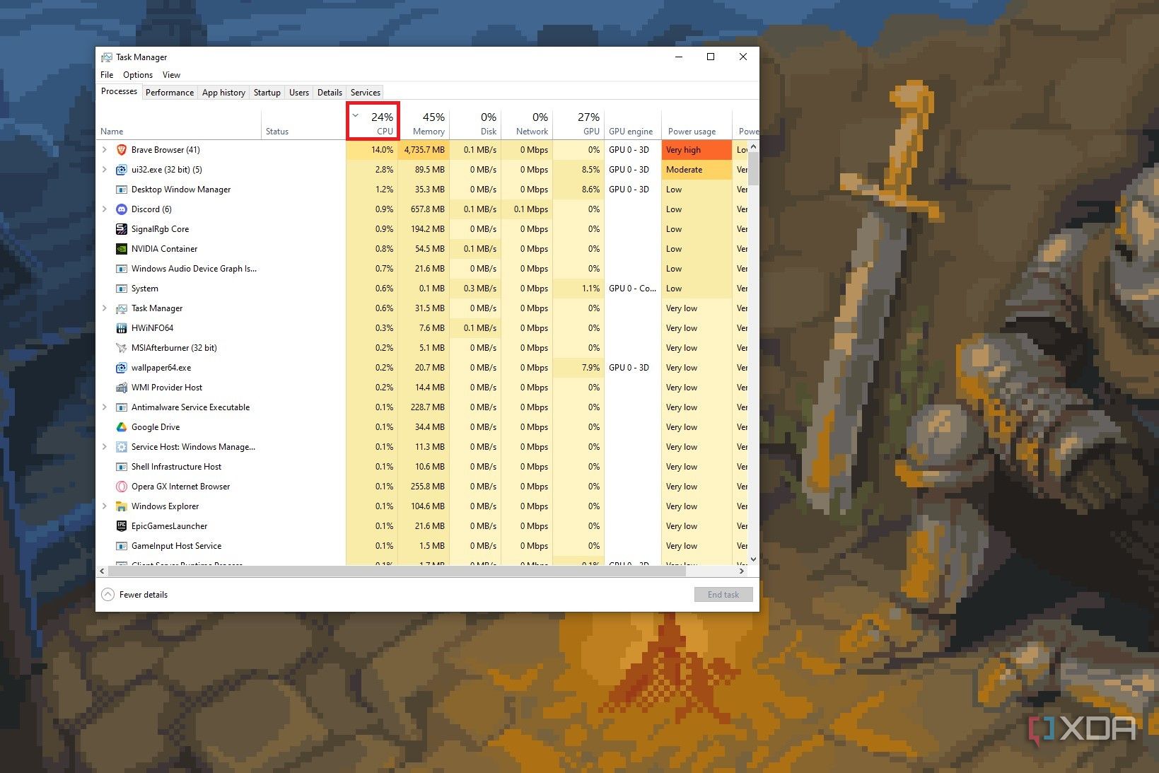 Screenshot of Task Manager window with the CPU usage column highlighted