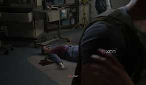 A dead surgeon in scrubs in The Last of Us Part II.