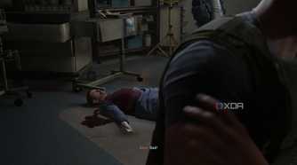 A dead surgeon in scrubs in The Last of Us Part II.