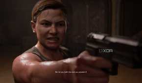Abby pointing a gun angrily in The Last of Us Part II.