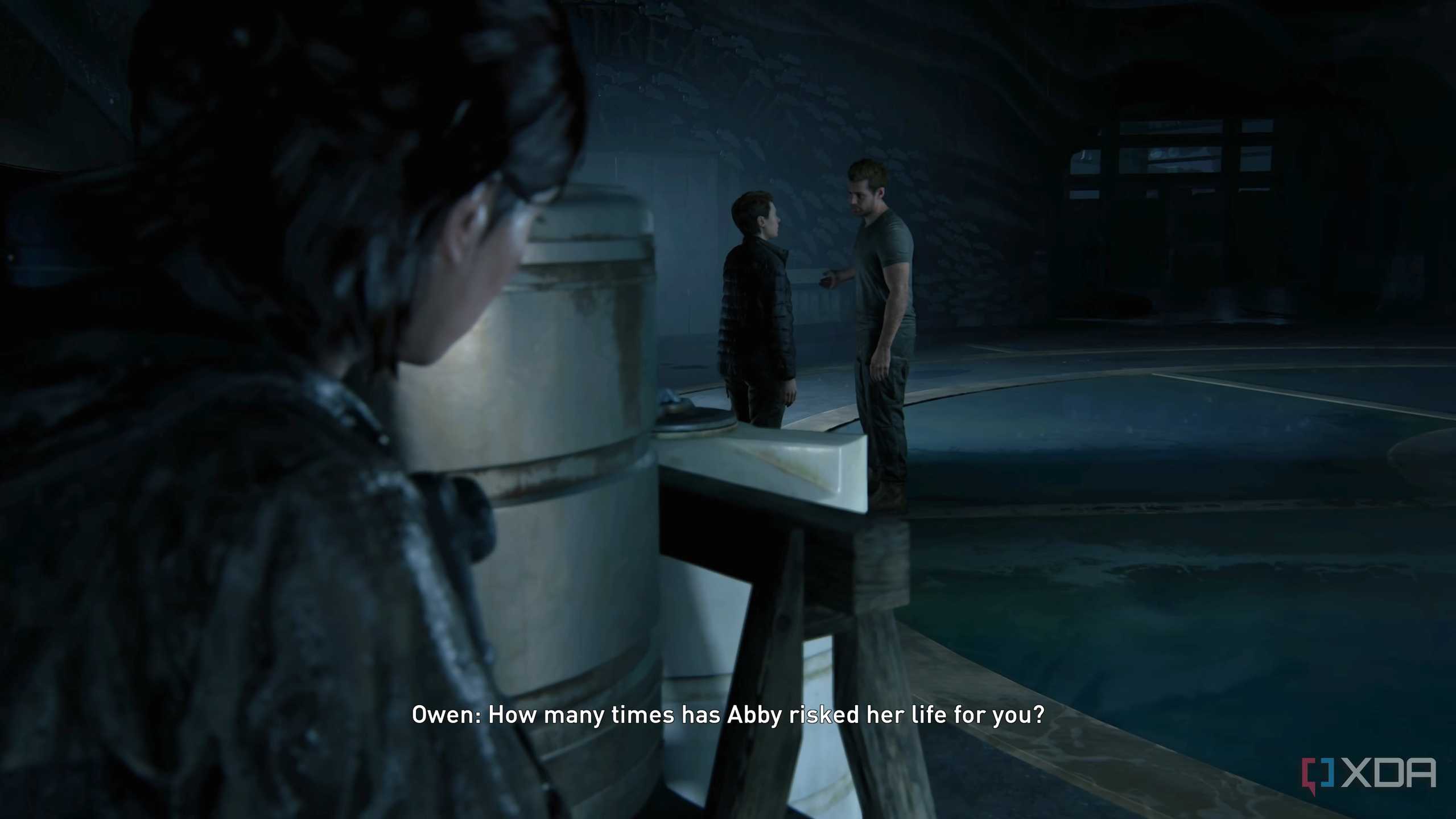 Ellie peeking at Owen and Mel in The Last of Us Part II Remastered.