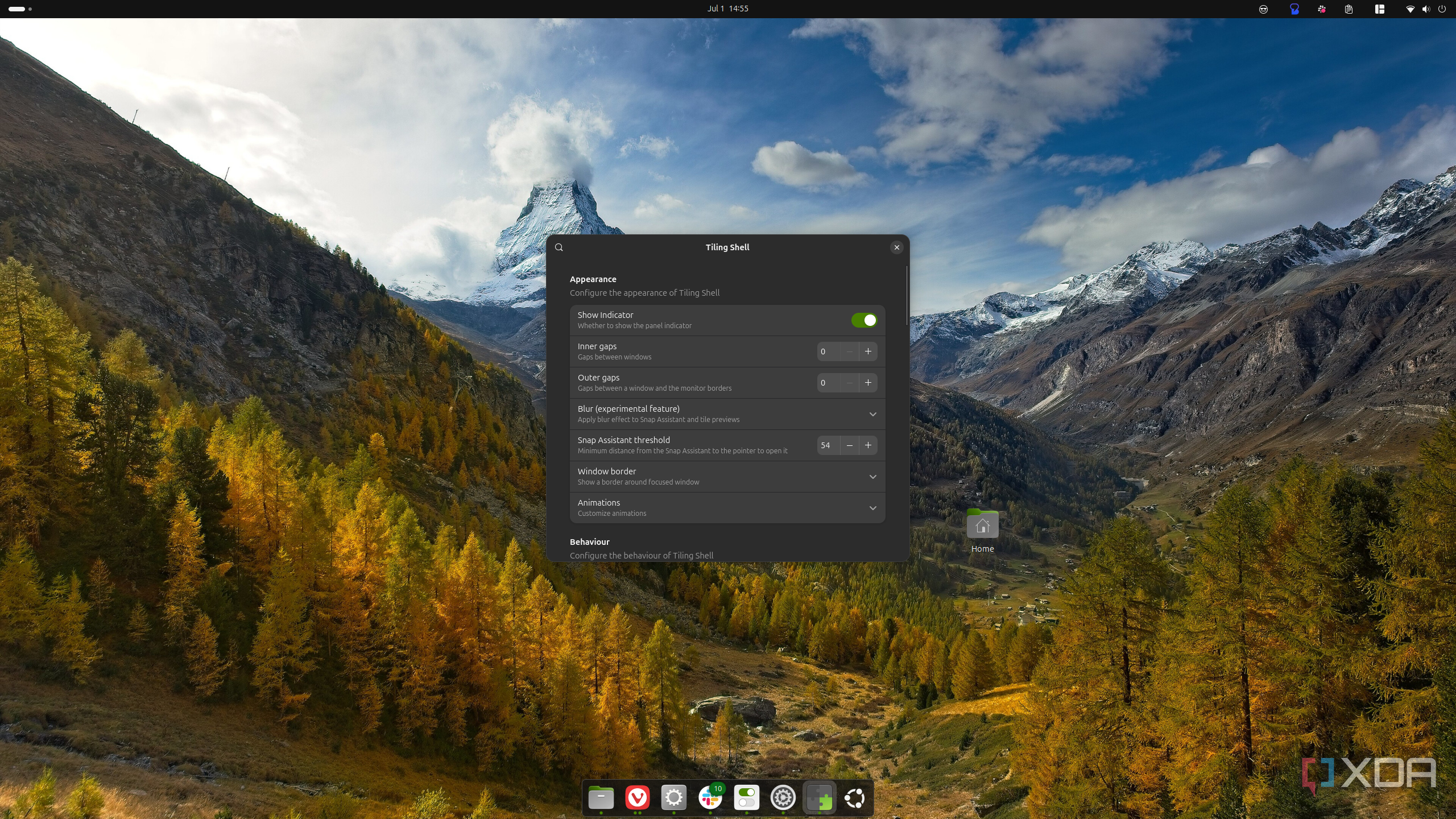 Screenshot of an Ubuntu desktop showing settings for the Tiling Shell extension