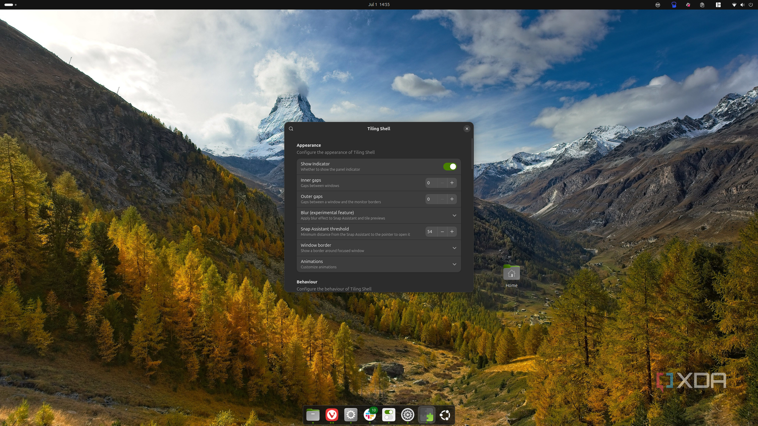 Screenshot of an Ubuntu desktop showing settings for the Tiling Shell extension