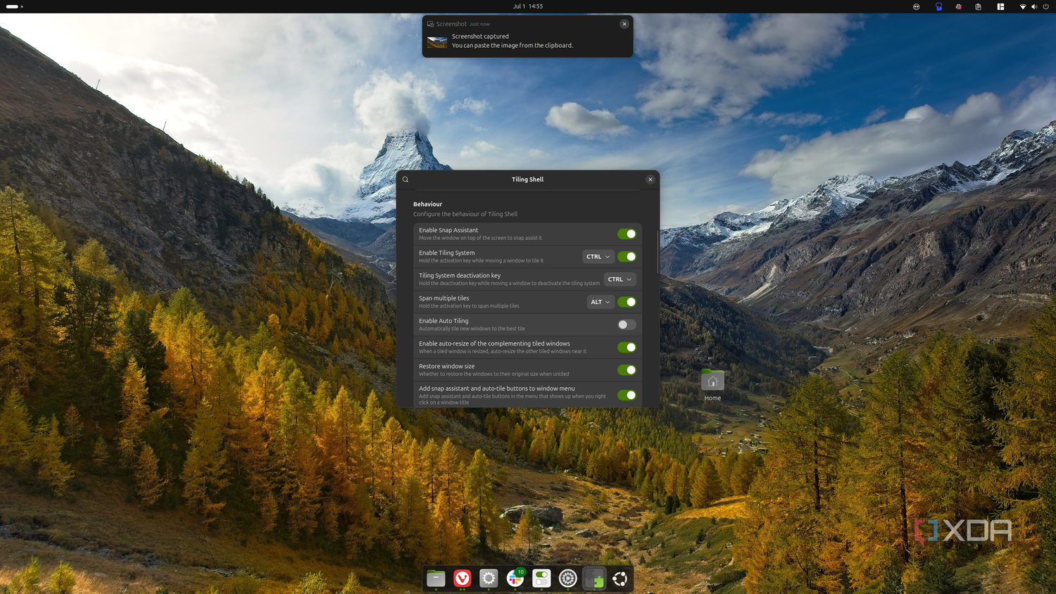 Screenshot of an Ubuntu desktop showing settings for the Tiling Shell extension
