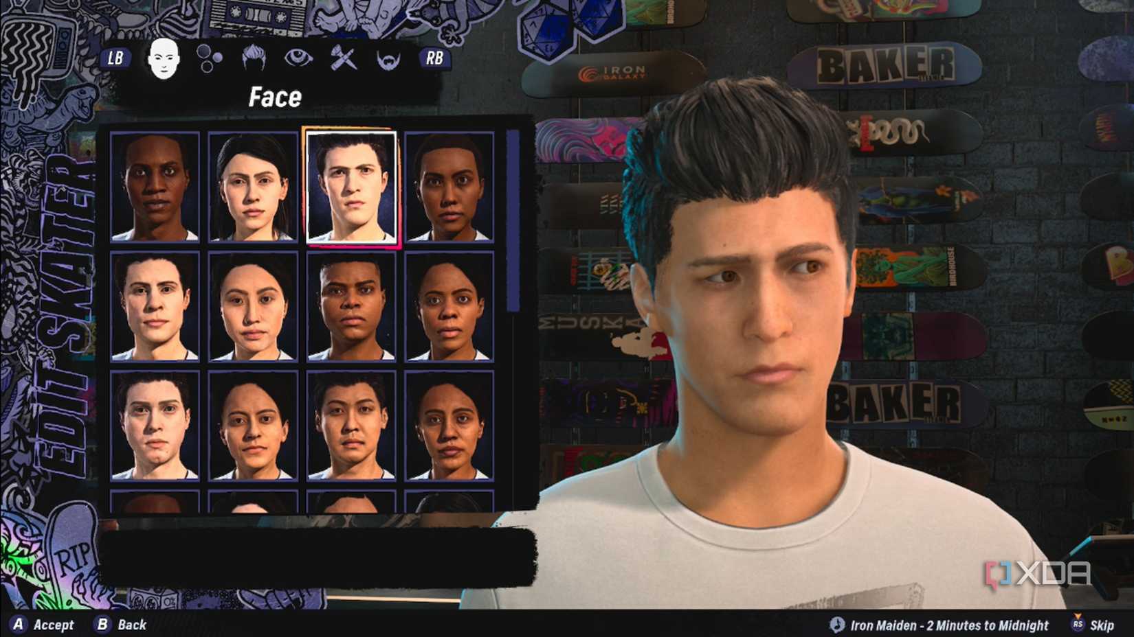 A screenshot of the facial options for Create-A-Skater in Tony Hawk's Pro Skater 3+4