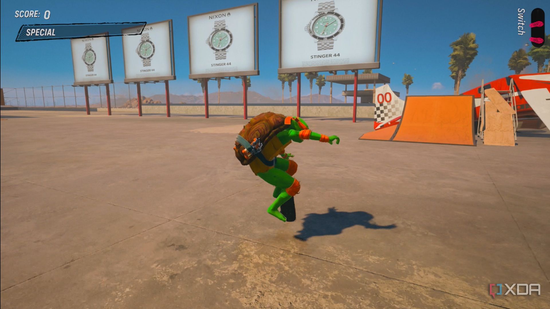 A screenshot of Michaelagelo skating in a Custom Park in Tony Hawk's Pro Skater 3+4