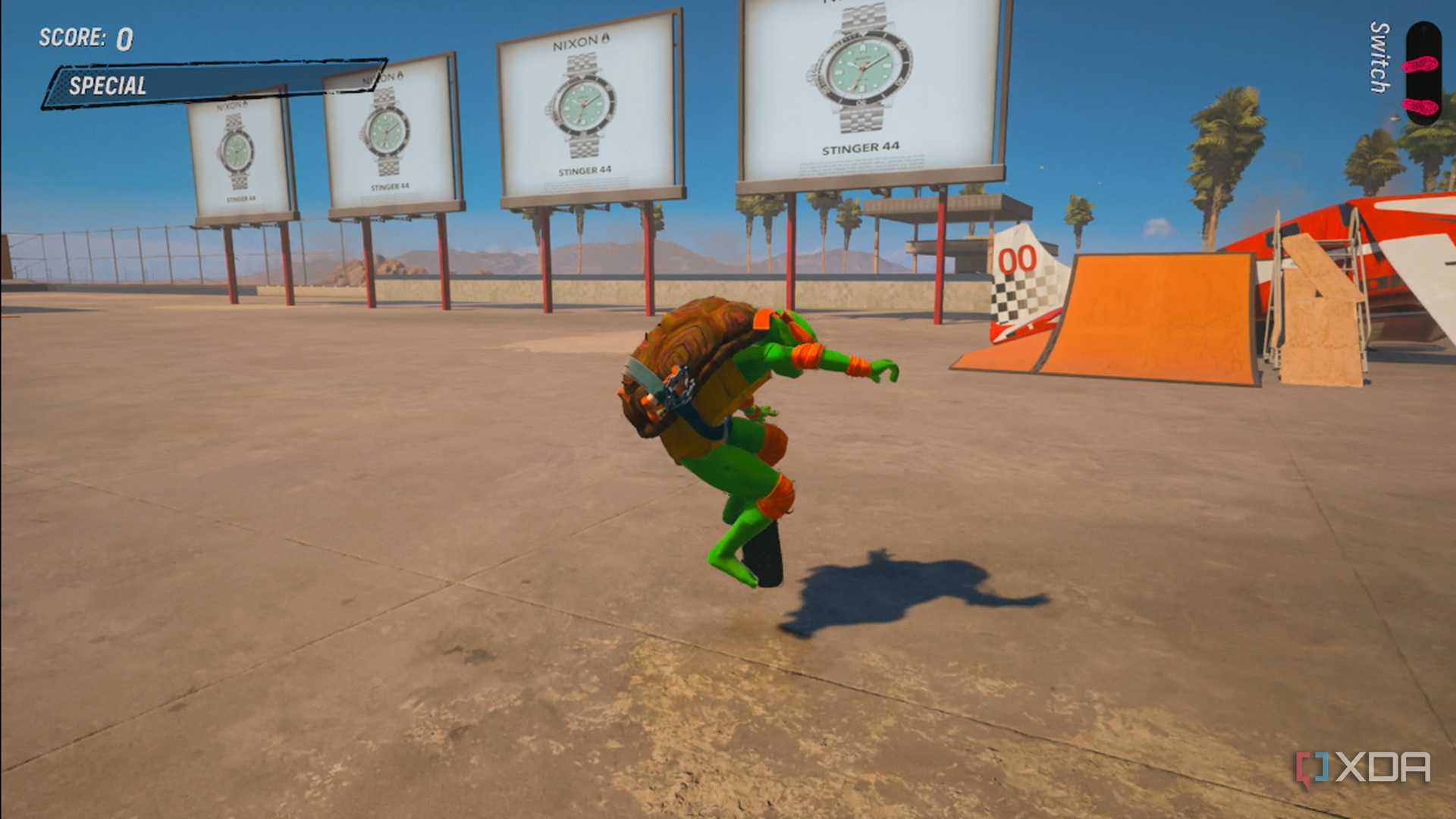 A screenshot of Michaelagelo skating in a Custom Park in Tony Hawk's Pro Skater 3+4