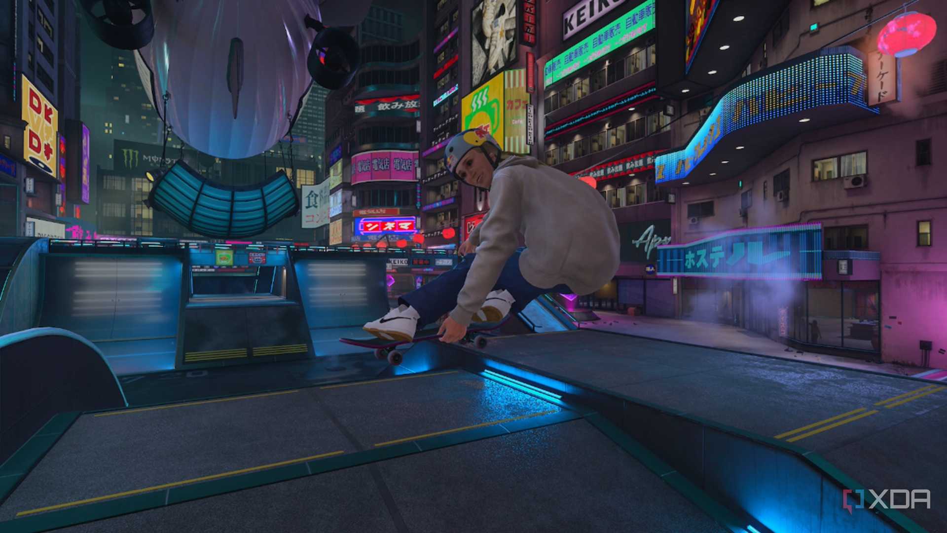 A screenshot of Chloe Covell skating in Tokyo in Tony Hawk's Pro Skater 3+4
