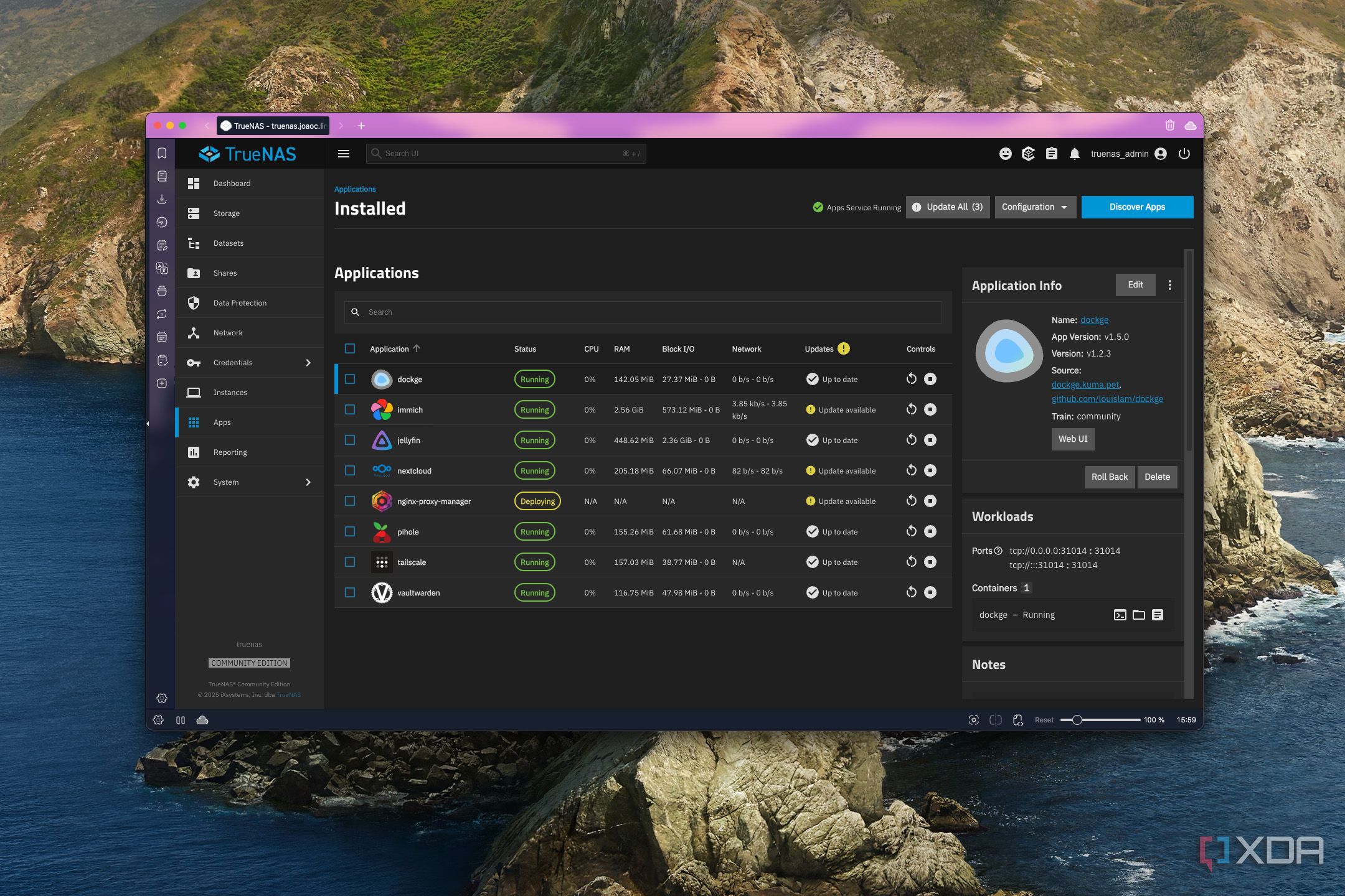 Screenshot of TrueNAS Scale showing installed apps