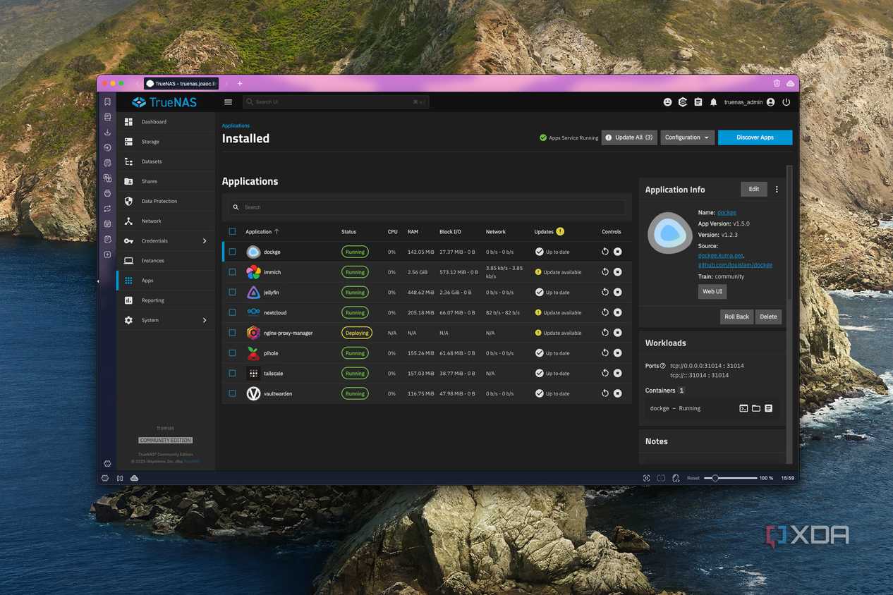 Screenshot of TrueNAS Scale showing installed apps