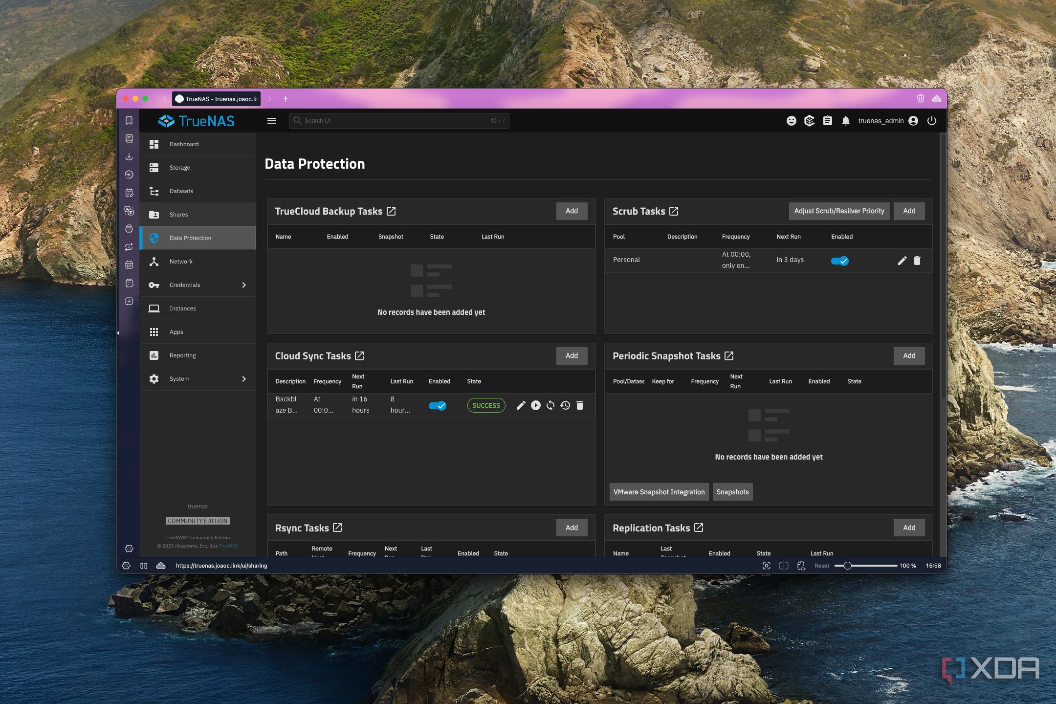 Screenshot of TrueNAS showing the data protection tab