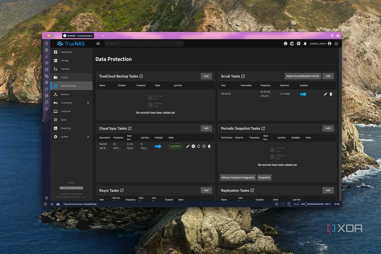 Screenshot of TrueNAS showing the data protection tab