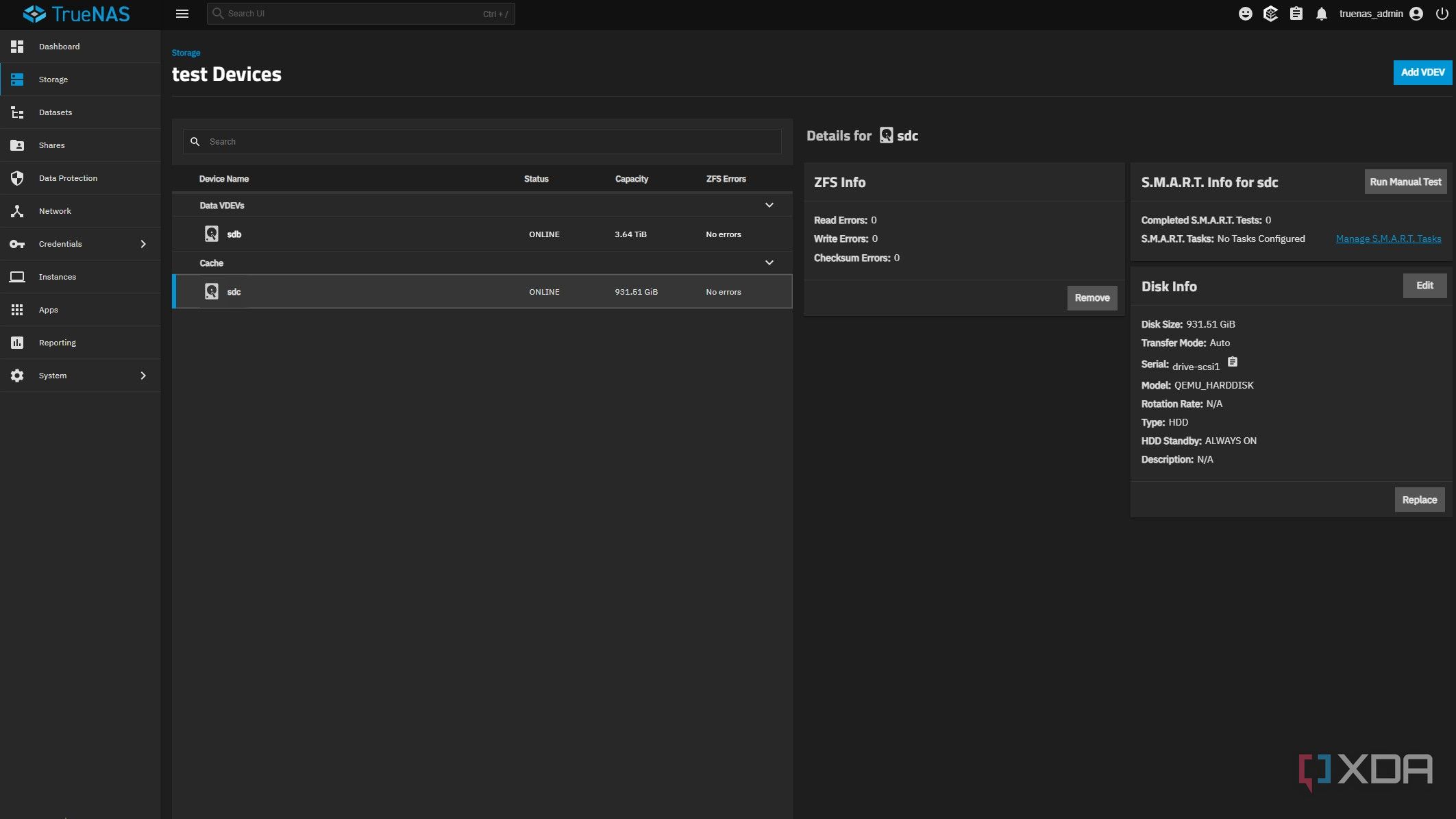 truenas screenshot showing a vdev with L2ARC cache set up