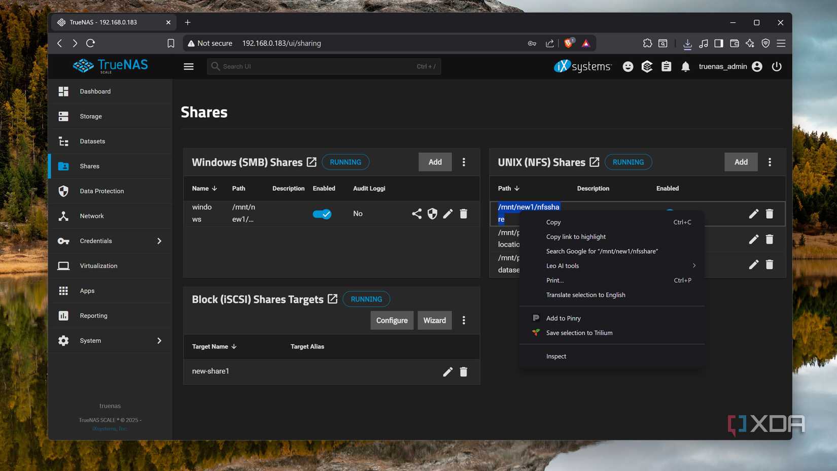 The NFS Actions tab in TrueNAS Scale
