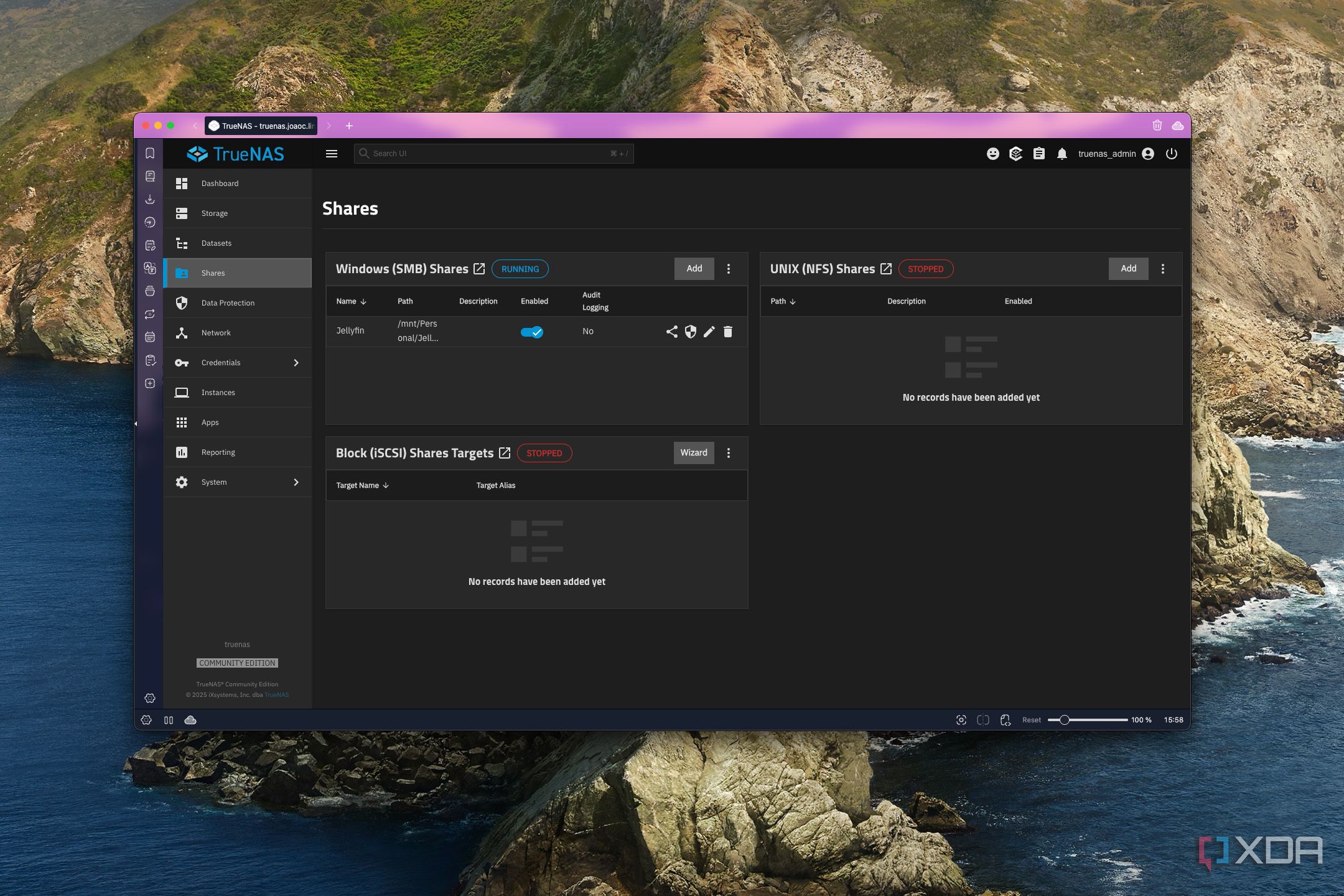 Screenshot of TrueNAS showing shares set up on the server