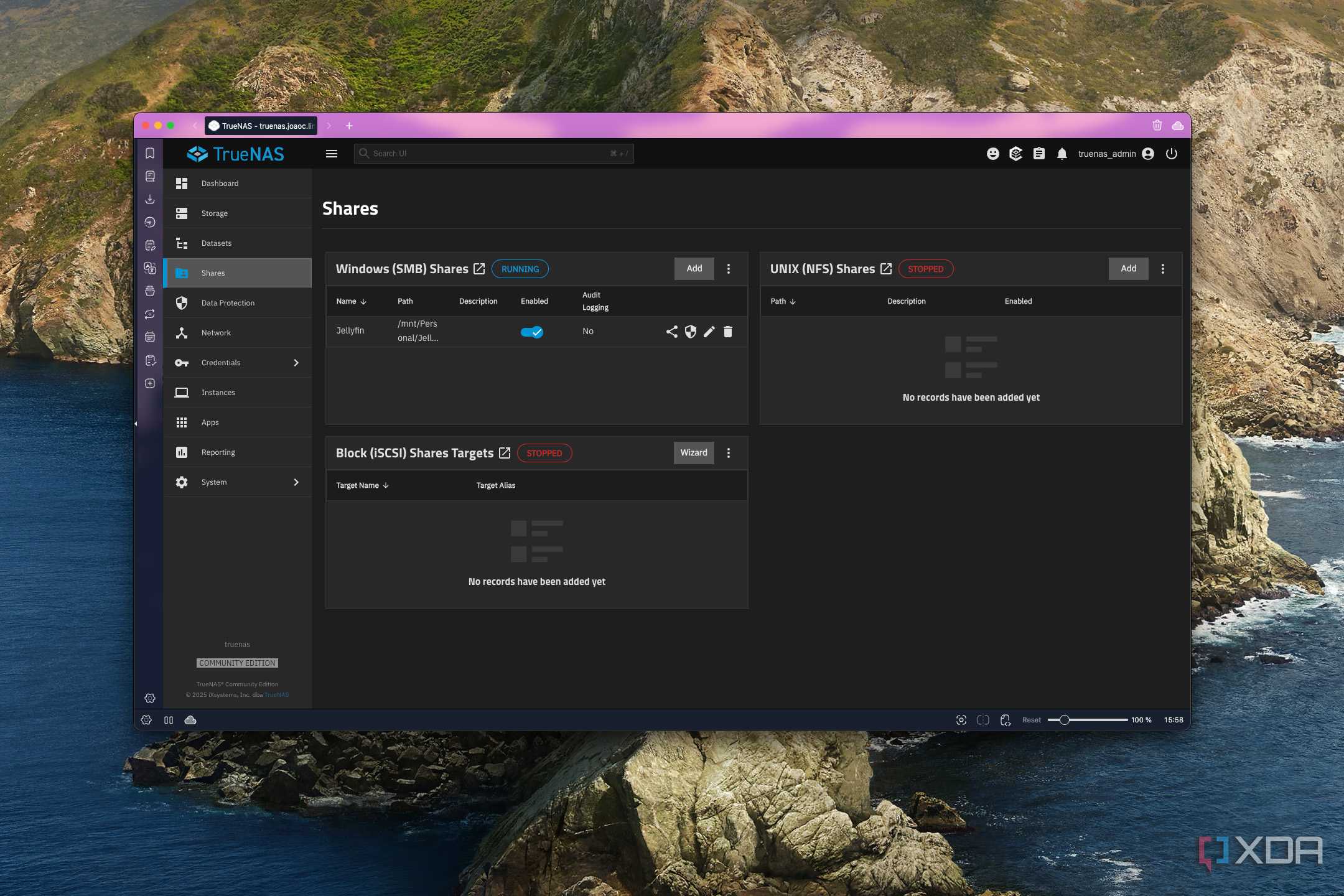 Screenshot of TrueNAS showing shares set up on the server