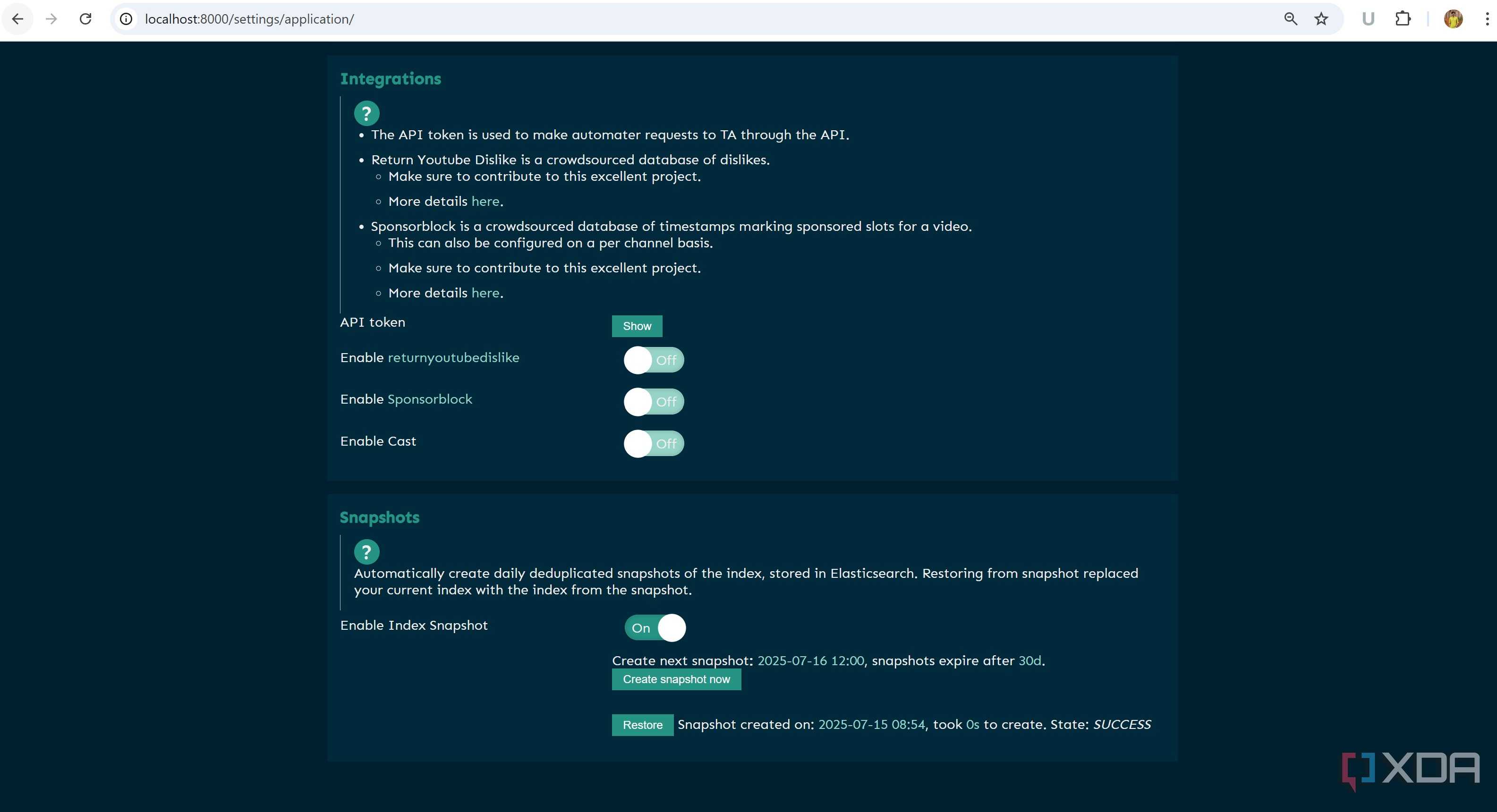 TubeArchivist API integration key