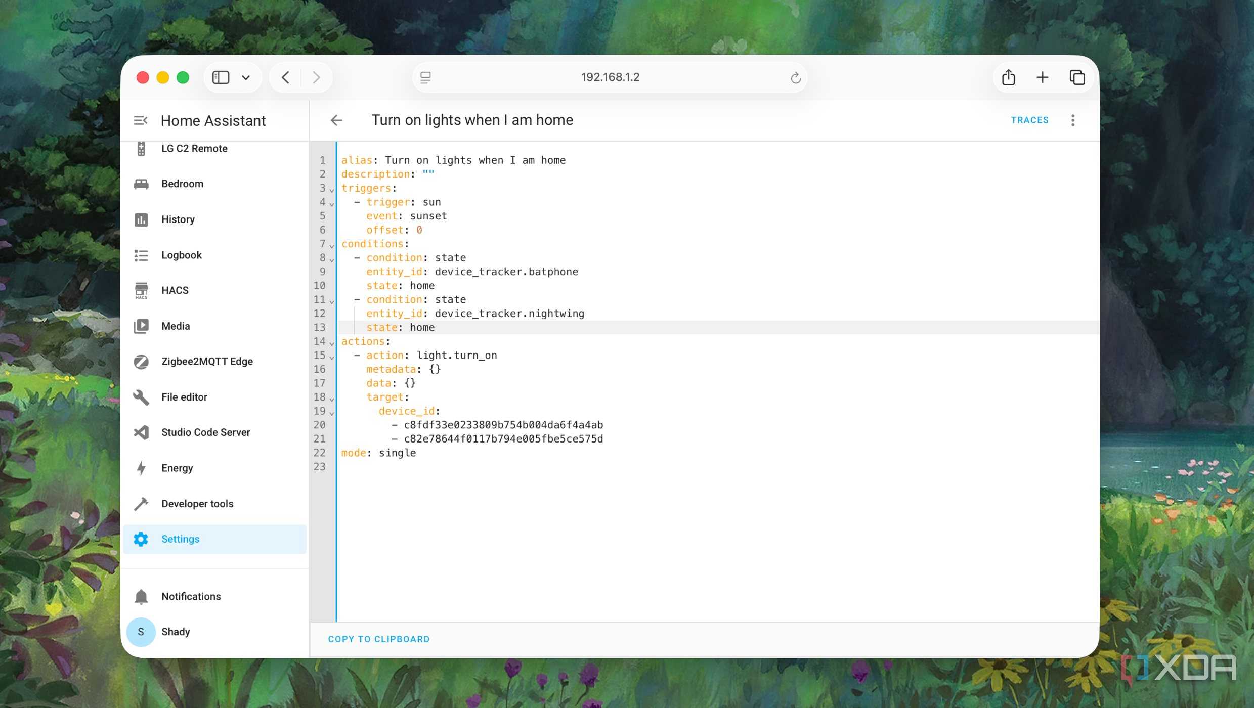 Turn on lights when home automation YAML