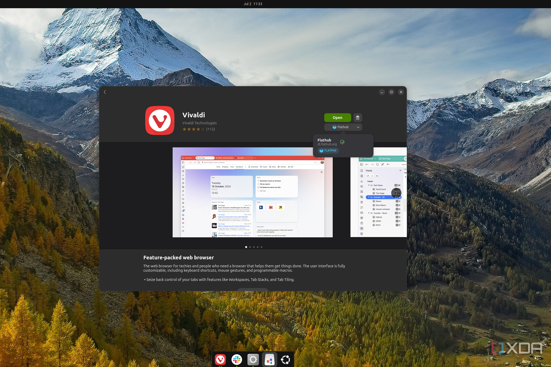 Screenshot of the Software app in Ubuntu showing Vivaldi is available through Flathub