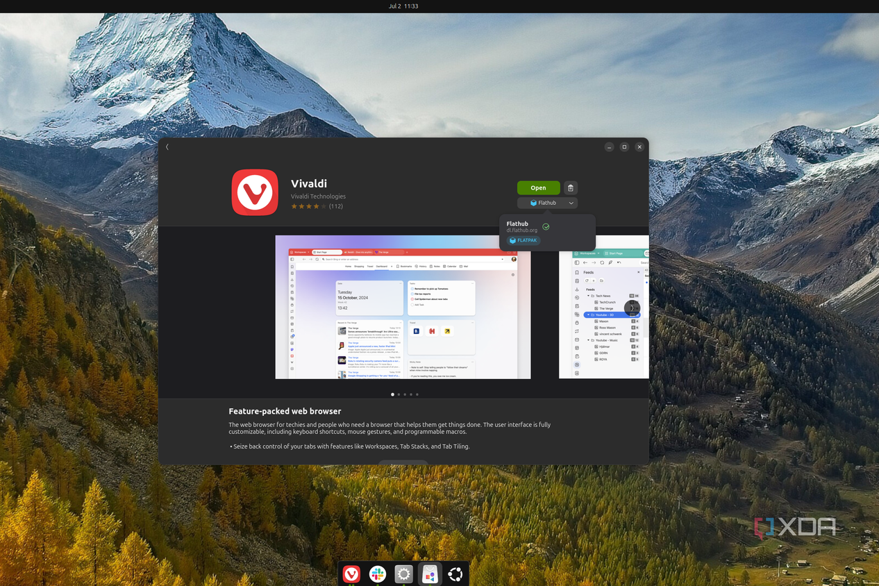 Screenshot of the Software app in Ubuntu showing Vivaldi is available through Flathub