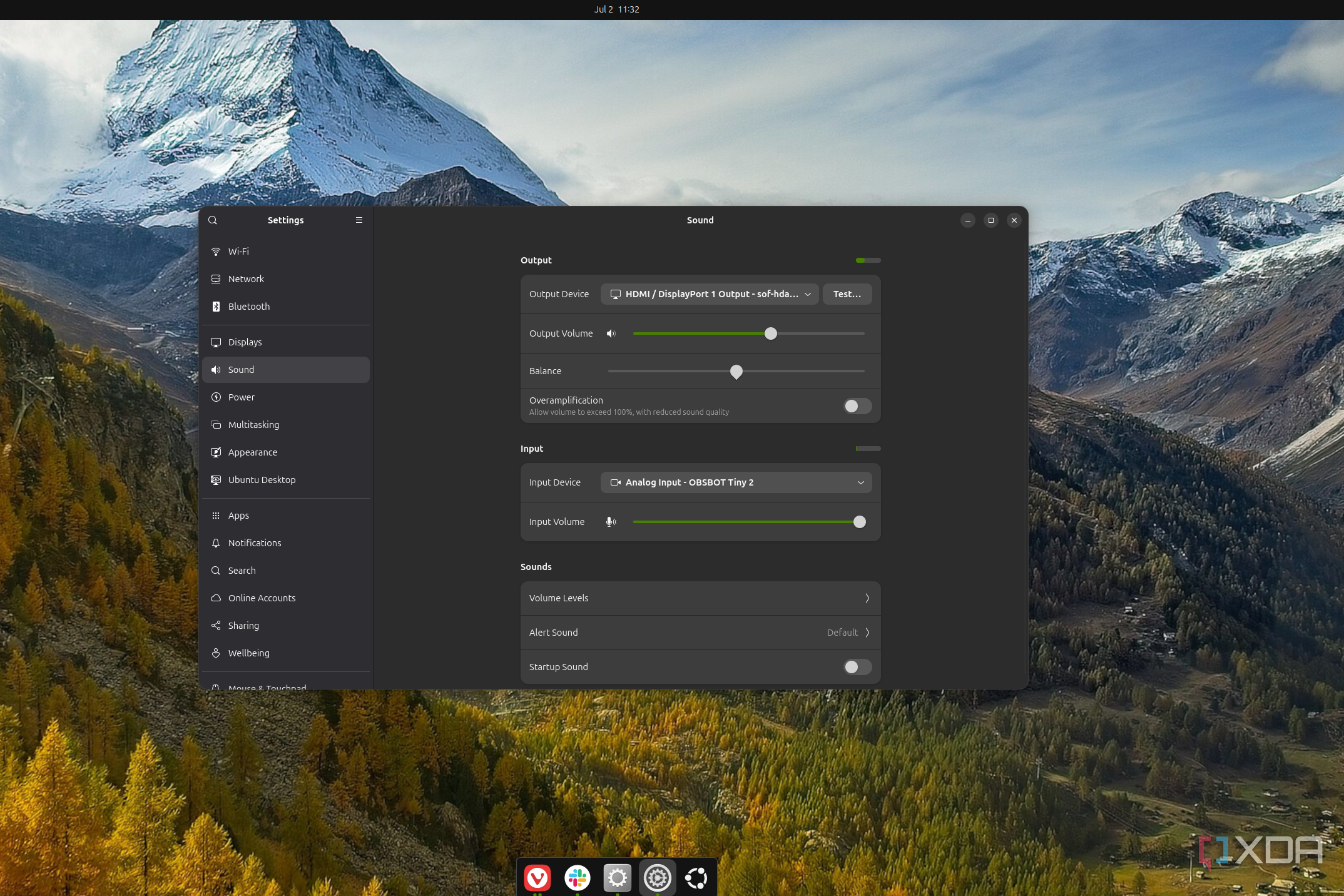 Screenshot of Ubuntu showing sound options in the Settings app