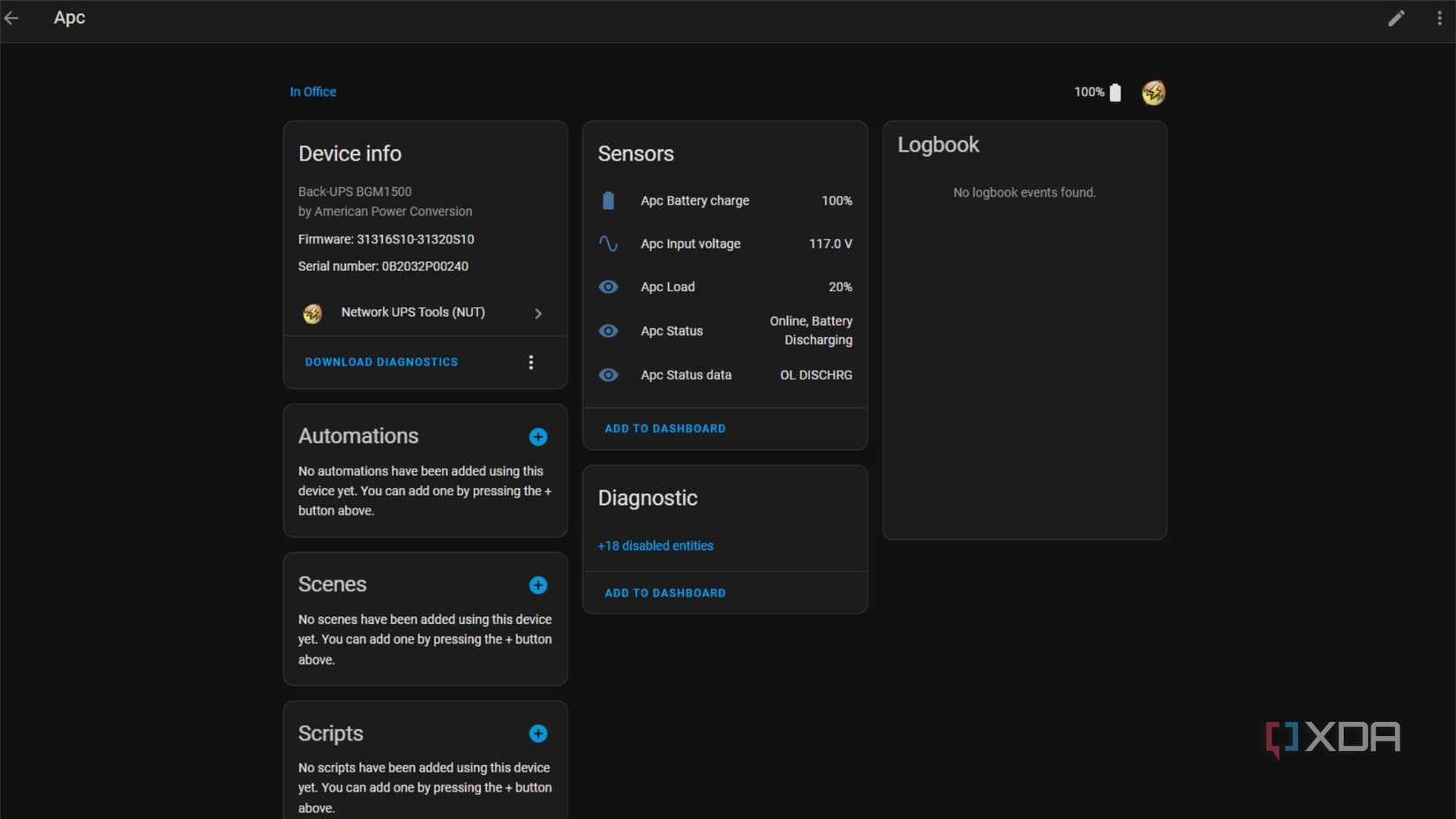 home assistant screenshot showing apc ups integrated via nut server