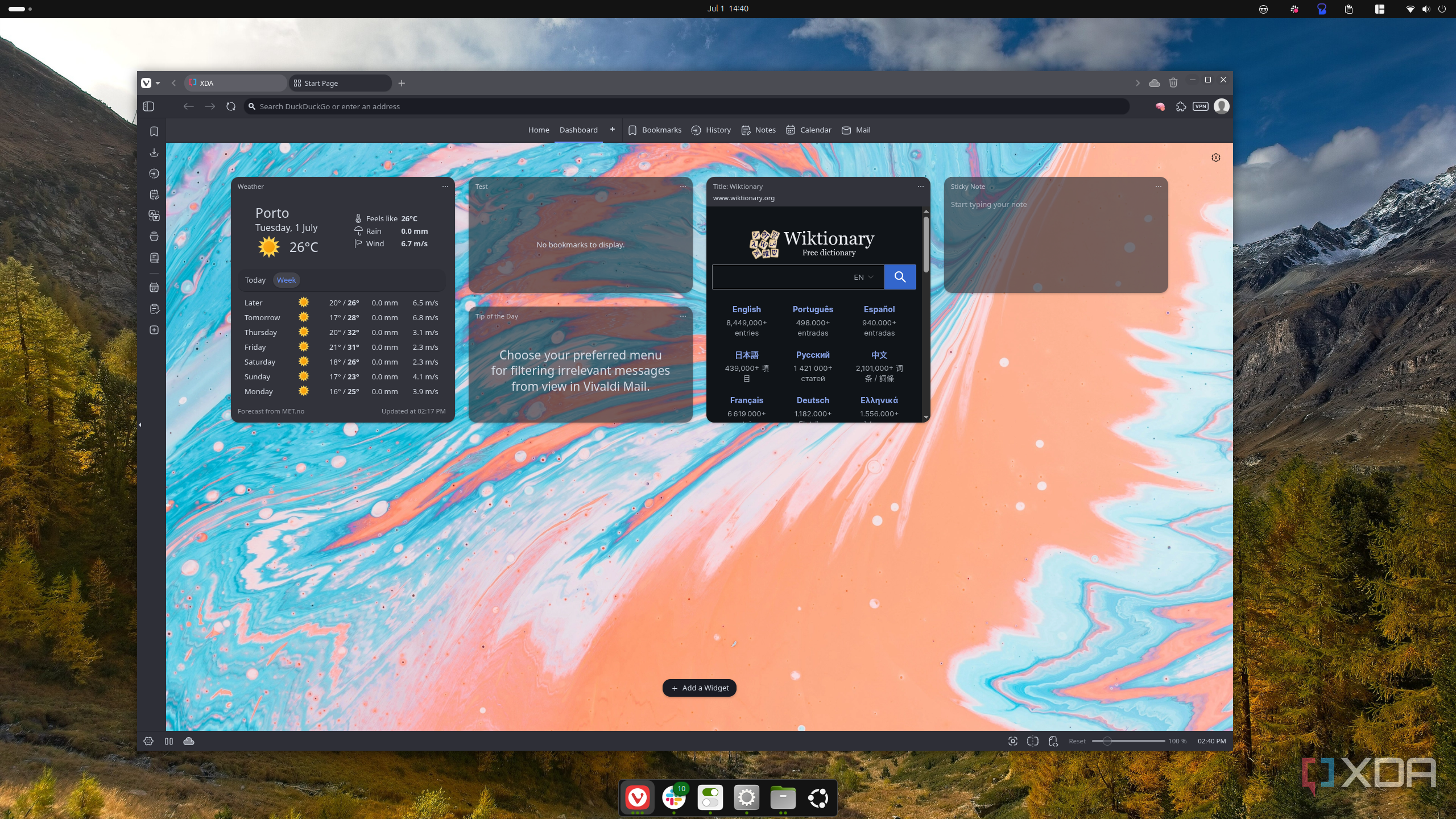 Screenshow of an Ubuntu deskotp showing the Vivaldi home page