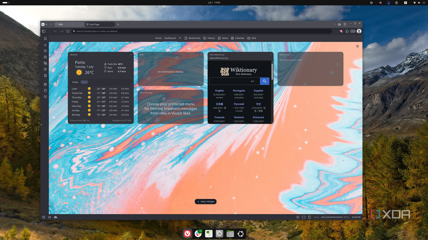 Screenshow of an Ubuntu deskotp showing the Vivaldi home page