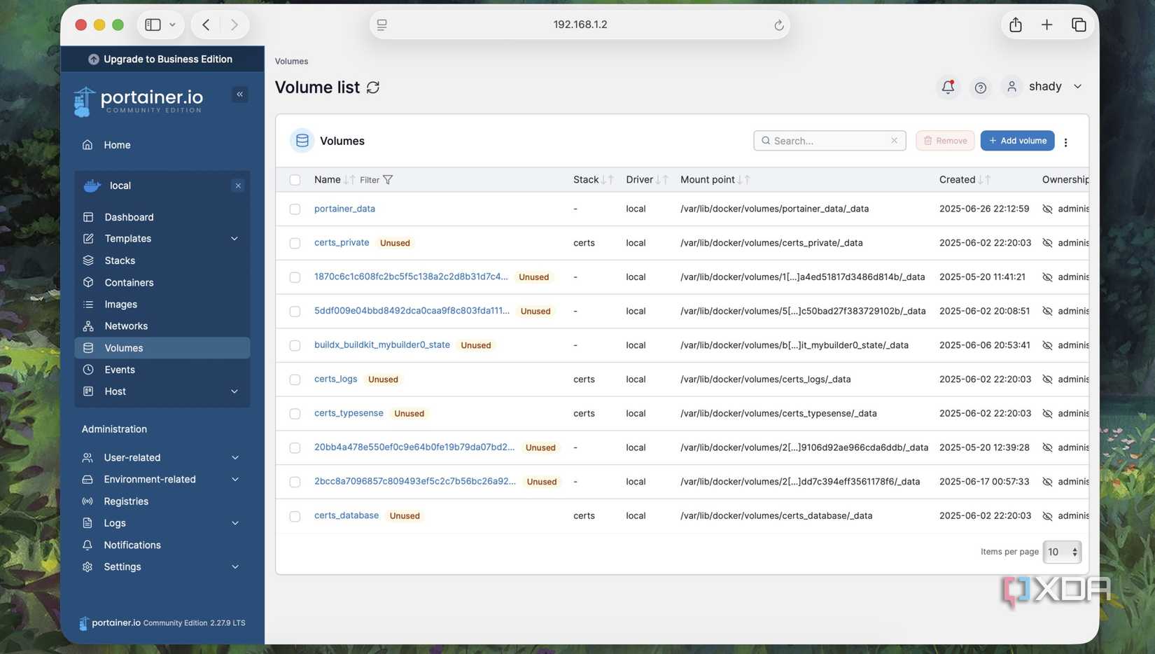 Volumes list in Portainer
