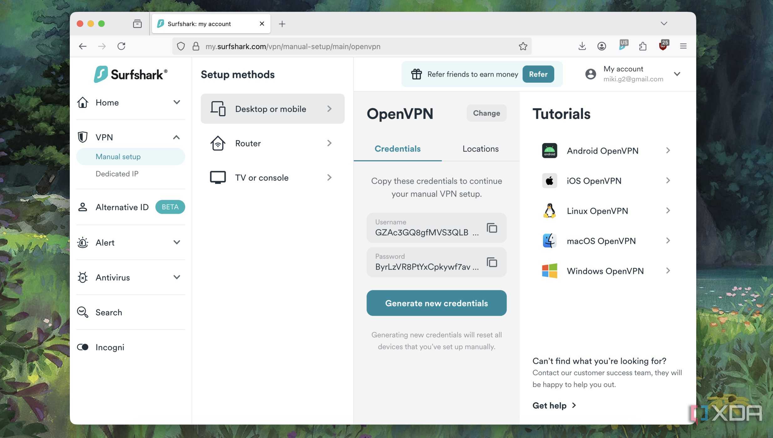 Screenshot of manual OpenVPN setup keys options in a VPN service