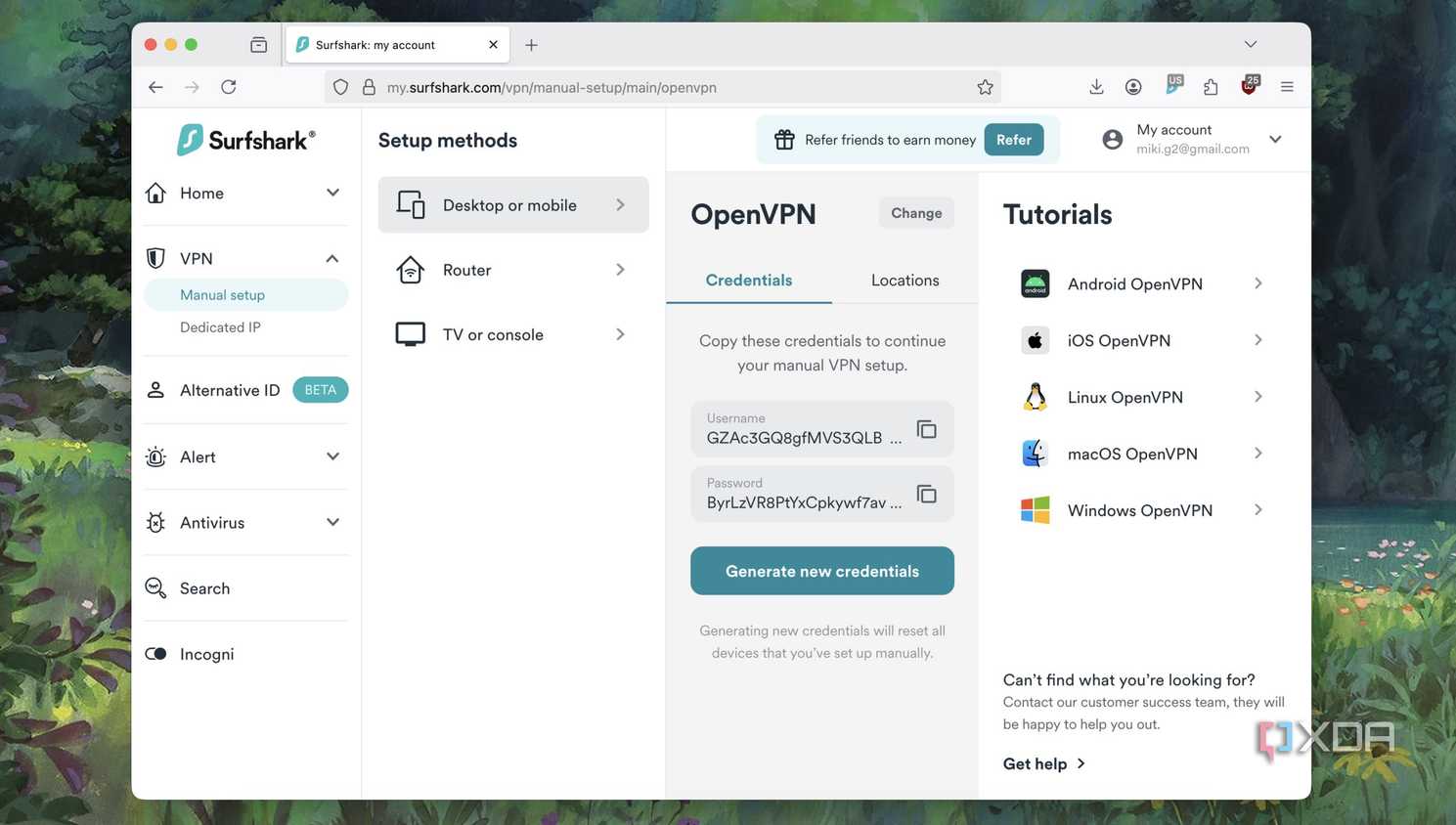 Screenshot of manual OpenVPN setup keys options in a VPN service