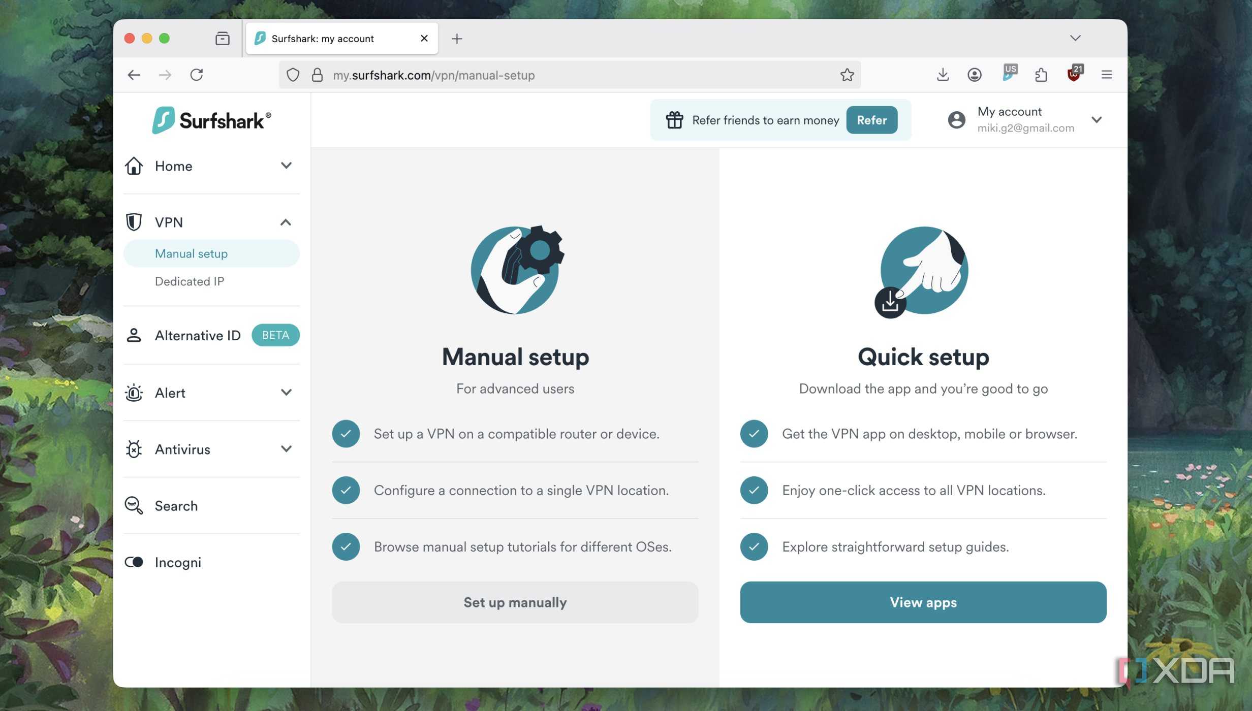 Screenshot of the manual setup menu in a VPN service