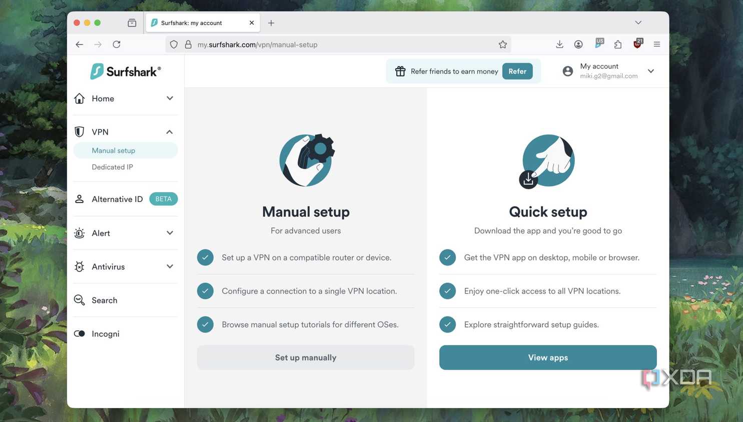 Screenshot of the manual setup menu in a VPN service
