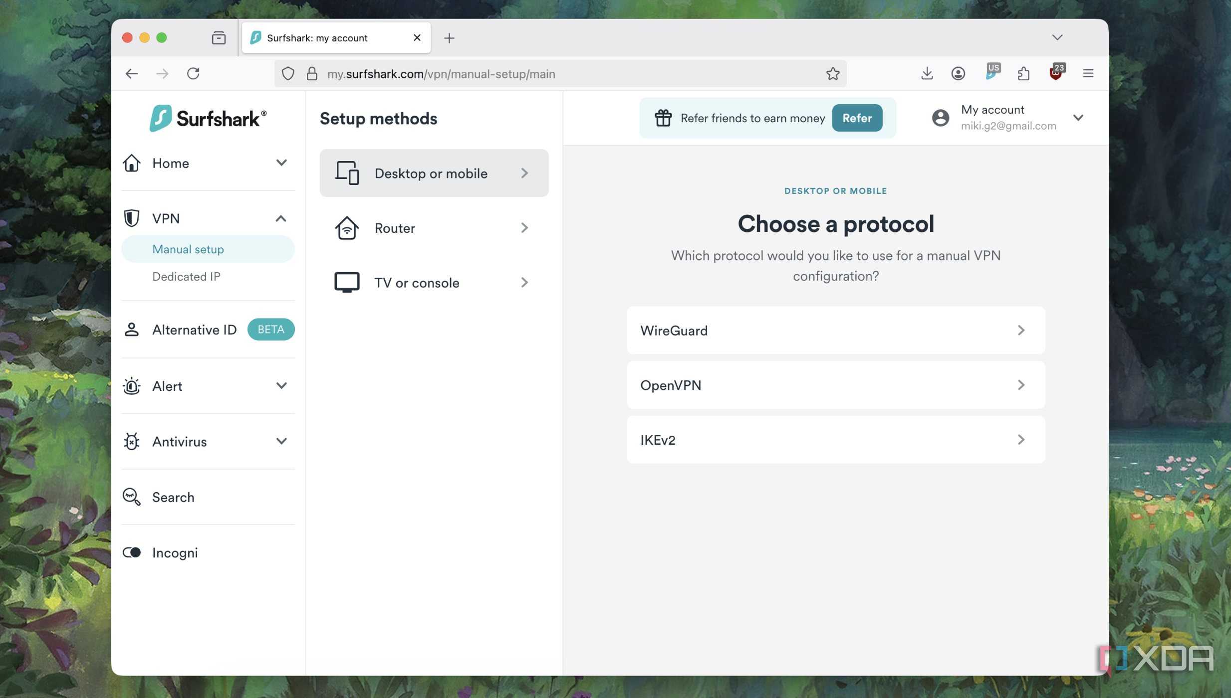 Screenshot of protocol choice menu in a VPN service
