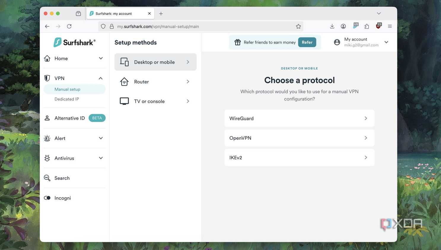 Screenshot of protocol choice menu in a VPN service