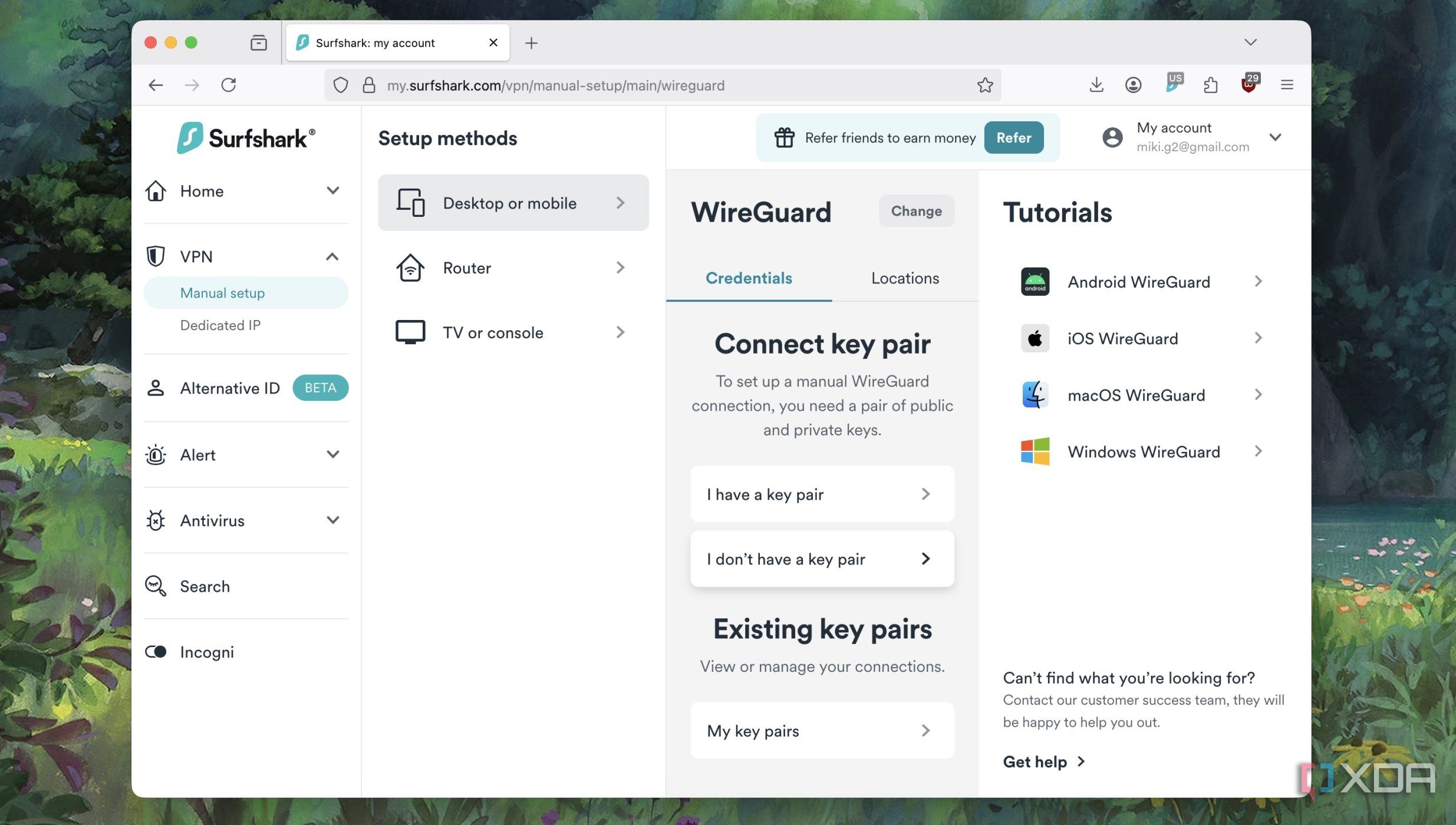 Screenshot of menu to generate key pair for WireGuard in VPN service