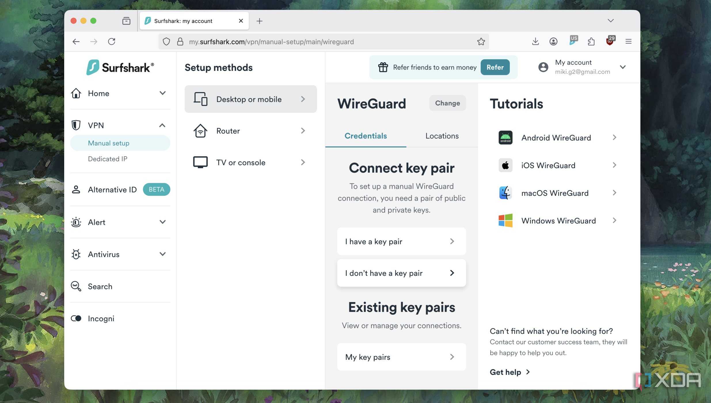 Screenshot of menu to generate key pair for WireGuard in VPN service