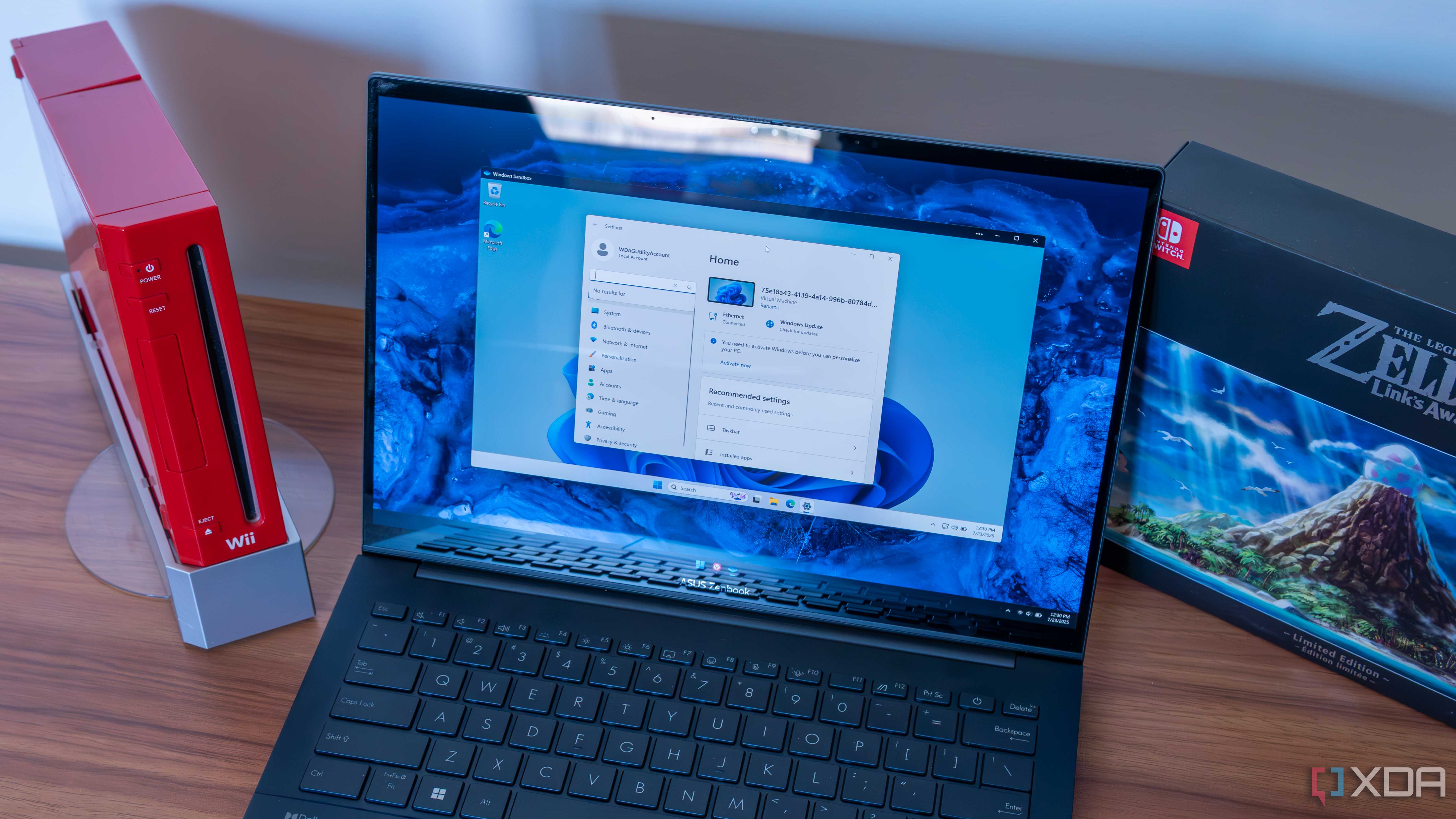 A Windows 11 laptop running Windows Sandbox showing the Settings app