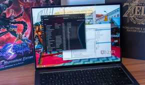 A Windows 11 laptop showing startup tasks in Task Manager and Task Scheduler