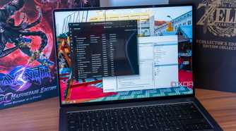 A Windows 11 laptop showing startup tasks in Task Manager and Task Scheduler