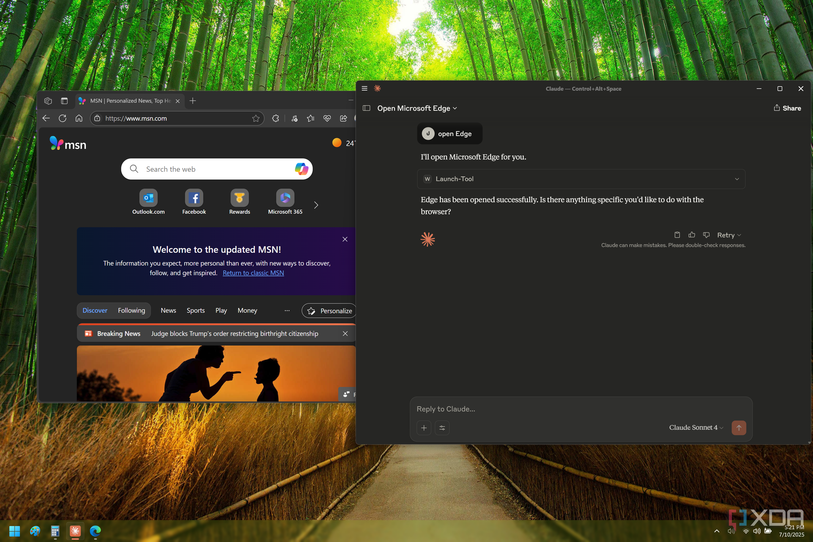 Screenshot of Claude on Windows 11, showing a user command to open Edge. An Edge window is open next to Claude