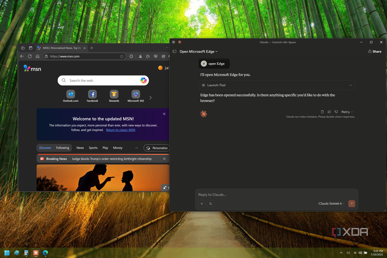 Screenshot of Claude on Windows 11, showing a user command to open Edge. An Edge window is open next to Claude