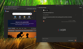 Screenshot of Claude on Windows 11, showing a user command to open Edge. An Edge window is open next to Claude