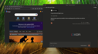 Screenshot of Claude on Windows 11, showing a user command to open Edge. An Edge window is open next to Claude