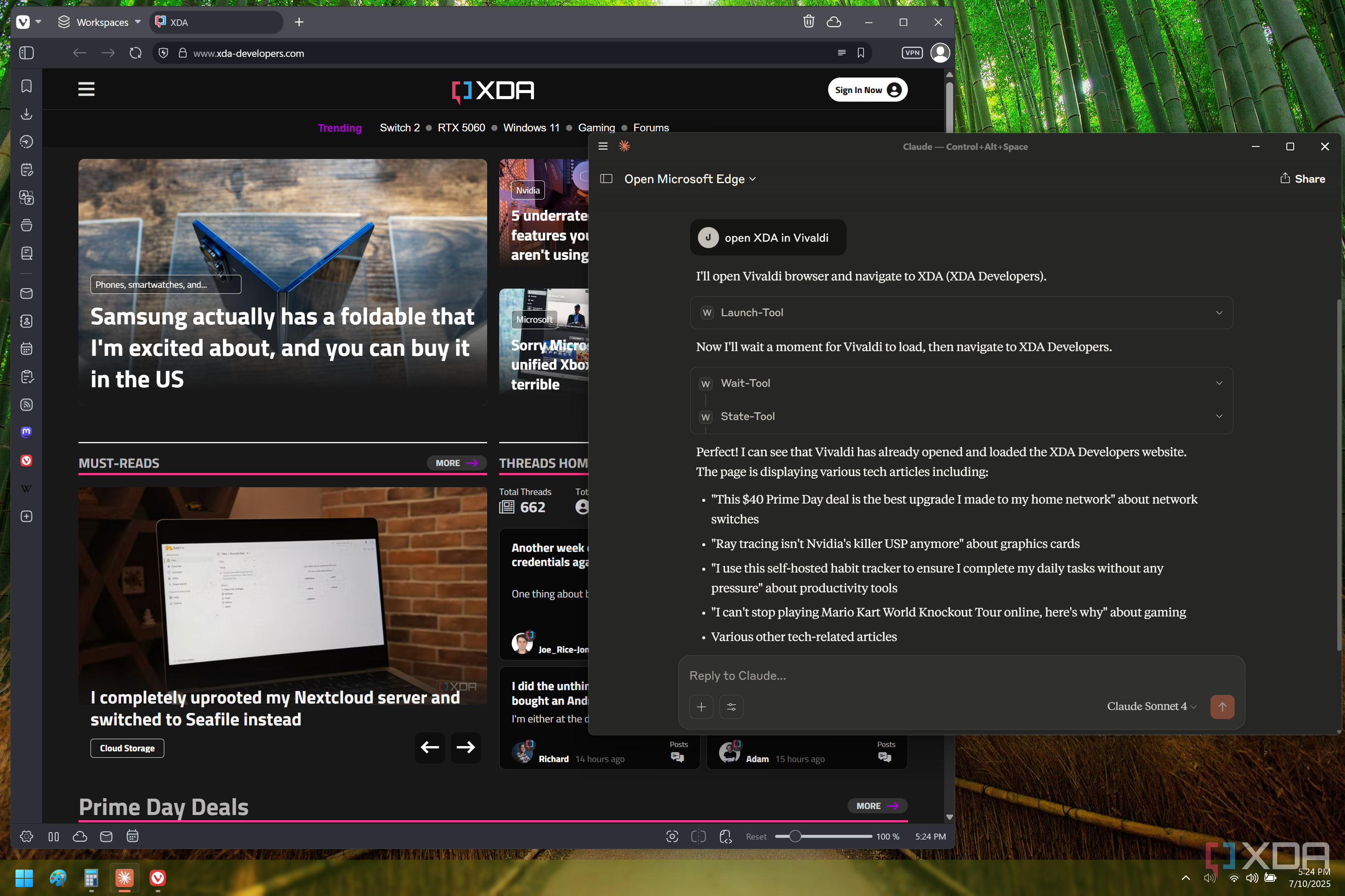 Screenshot of Claude on Windows 11, showing a user command to open XDA in Vivaldi, with the corresponding browser window open behind it