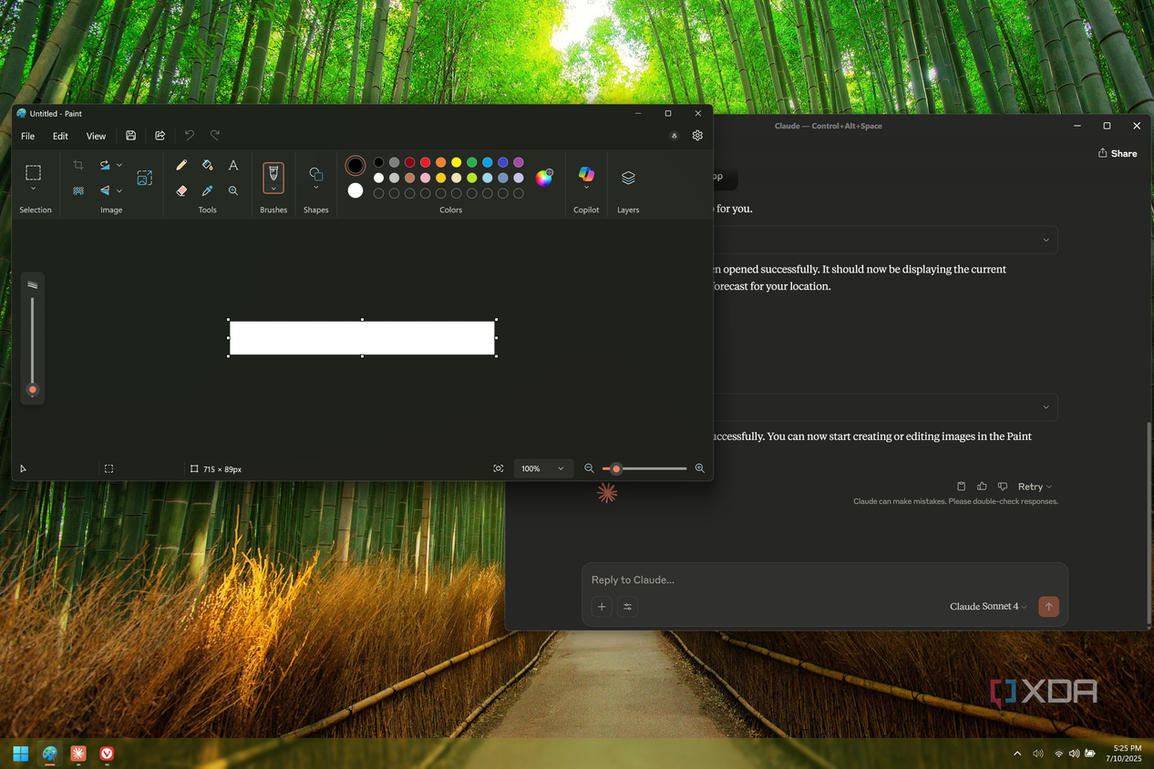 Screenshot of Claude on Windows 11, showing a user command to open Paint, with the corresponding app window open