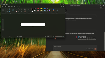 Screenshot of Claude on Windows 11, showing a user command to open Paint, with the corresponding app window open