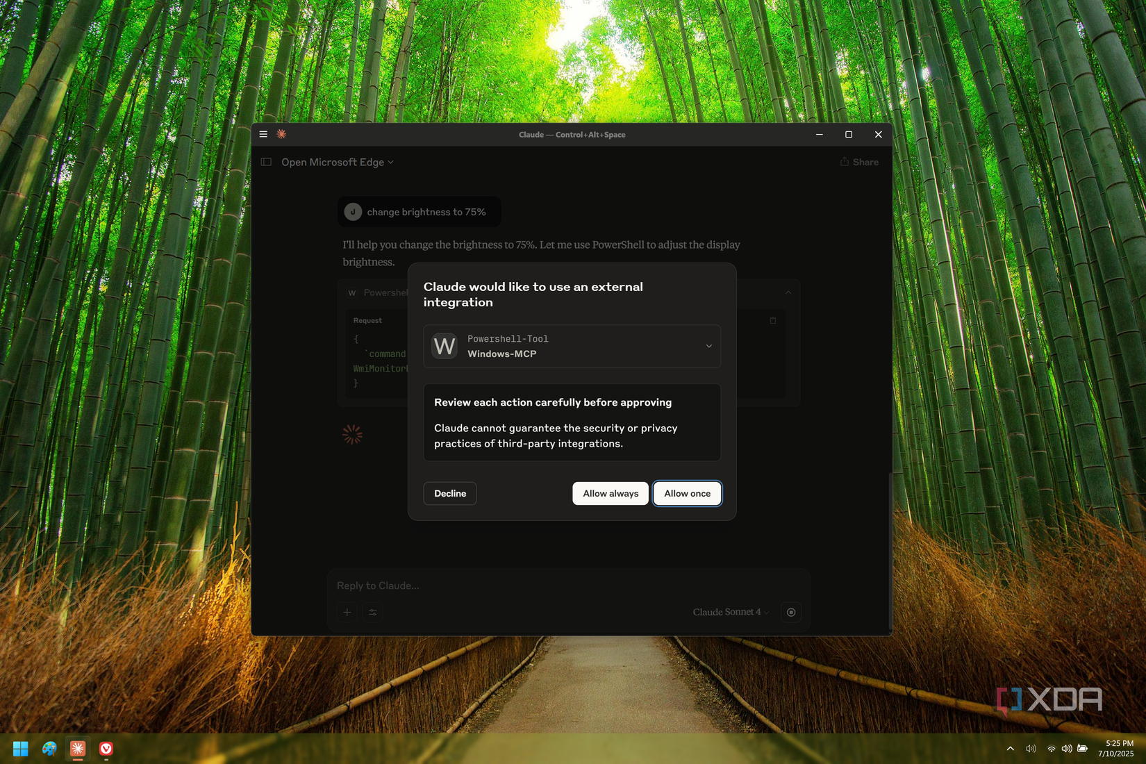 Screenshot of Claude on Windows 11 asking for permission to run a specific action